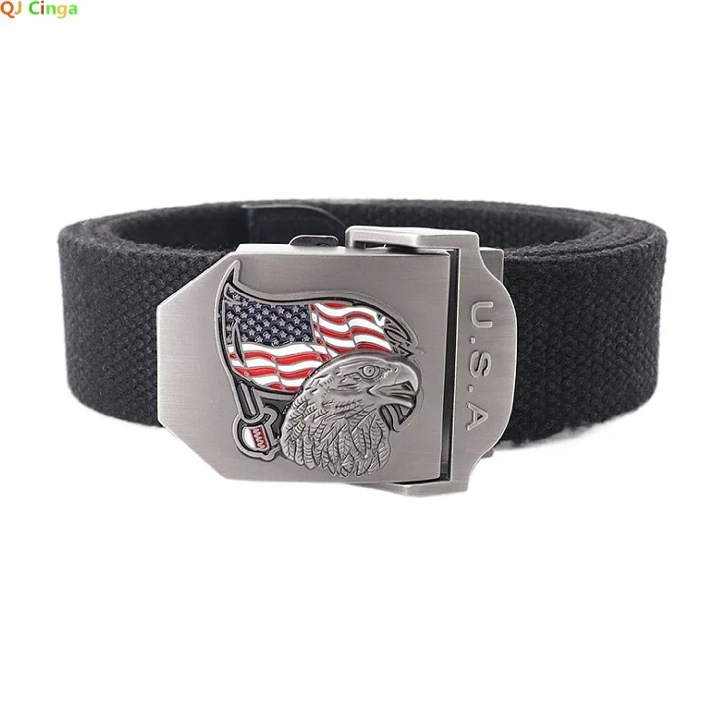 American Eagle Smooth Buckle Belt Men Tactical Canvas Belts, Youth Outdoor Casual Cinturon Male Waistband Blue Gray Red Green