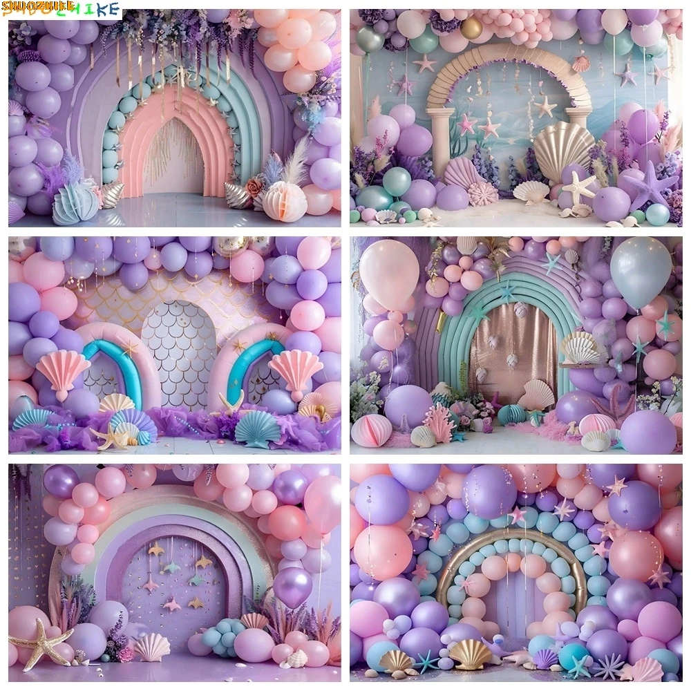 

Mermaid Photography Background Purple Balloon Princess Birthday Cake Crush Decoration Background Photo Studio Props FA-01