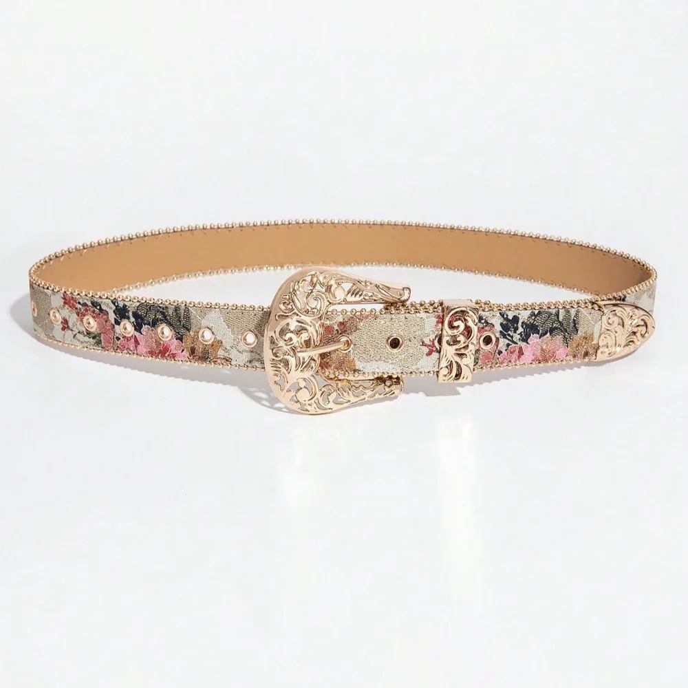 1 Piece of Ladies' Palace Style Hollow Metal Buckle with Light Colored Floral Print Pattern Belt