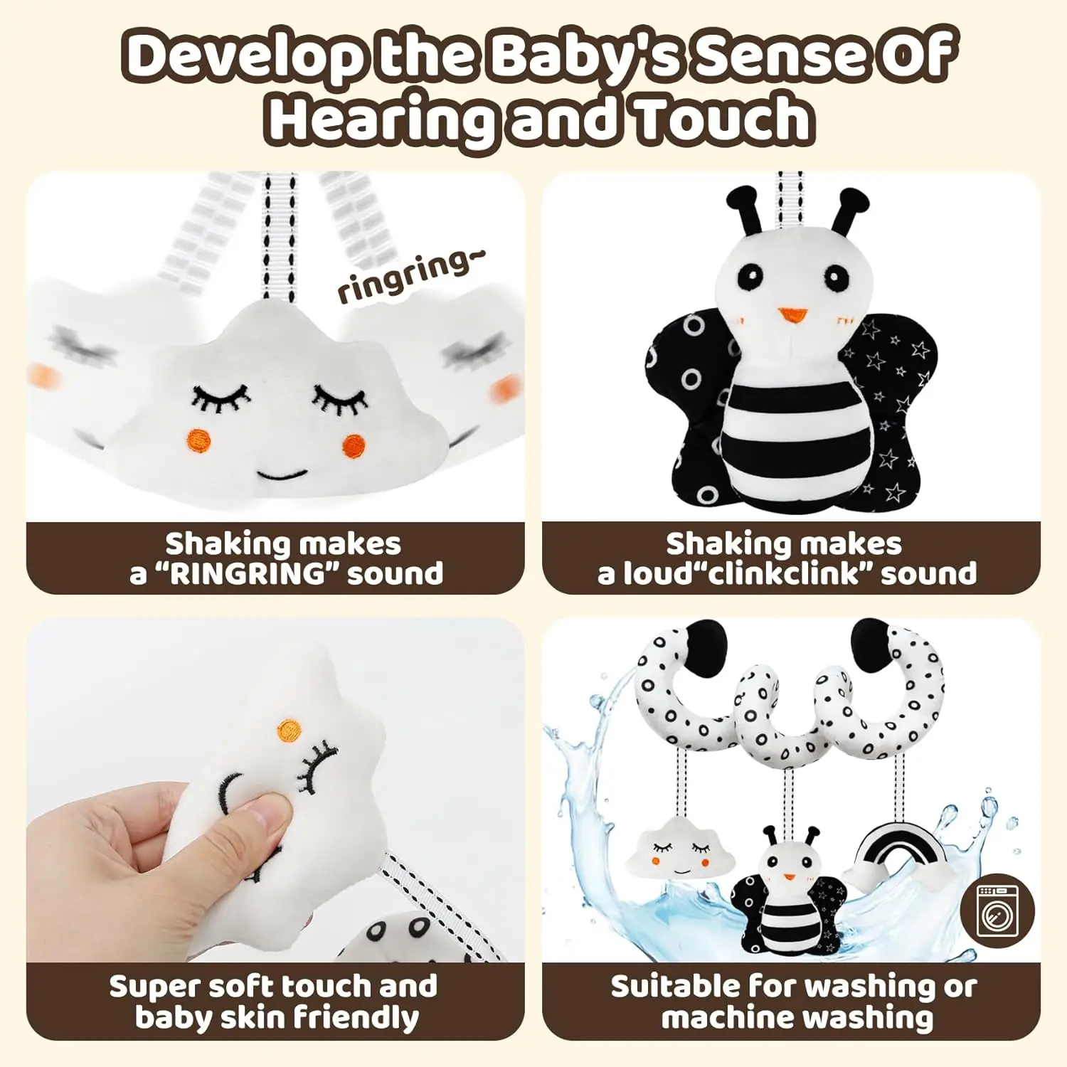 Baby Toys with Rattle & Peep High Contrast Sensory Car Seat & Stroller Toys Baby Spiral Hanging Crib Toy for Newborns 0-6 Months