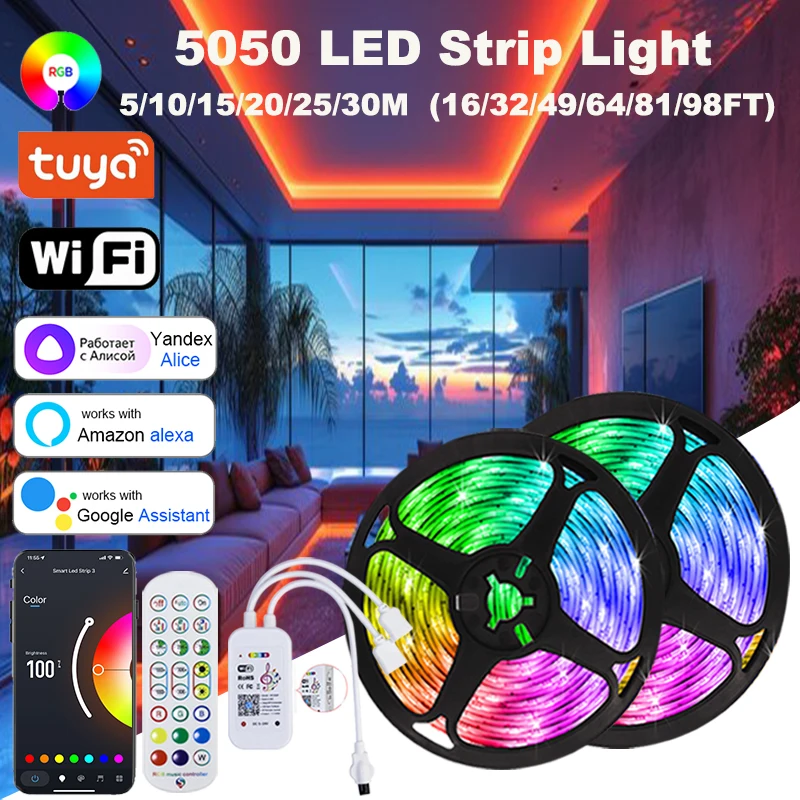 Led Strip Lights Rgb 5050 Wifi Alexa Led Lights Strip RGB Led Tape Light APP Control Color Changing Lights Decoration Christmas