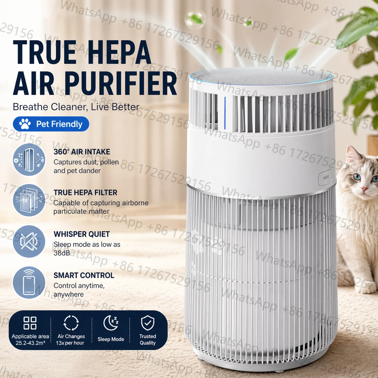 Purificador de aire para mascotas: captura el pelo de gatos y el pelo suelto de otras mascotas, elimina olores y aromas desagradables, y elimina alergias.