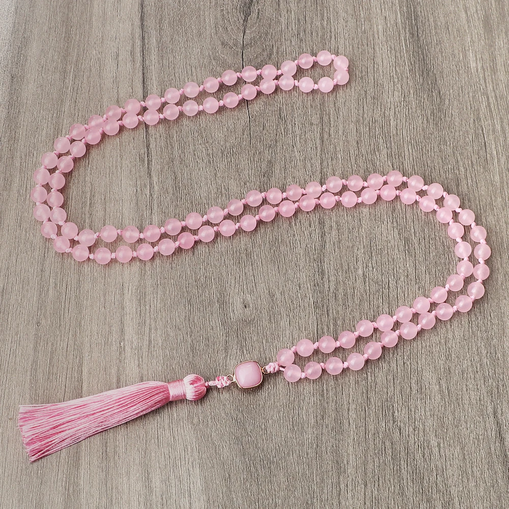 Pink Quartz Stone Women Necklace Fashion Crystal 108 Japamala Beads Yoga Energy Jewelry Gifts 8mm Rosary Men Meditation Necklace