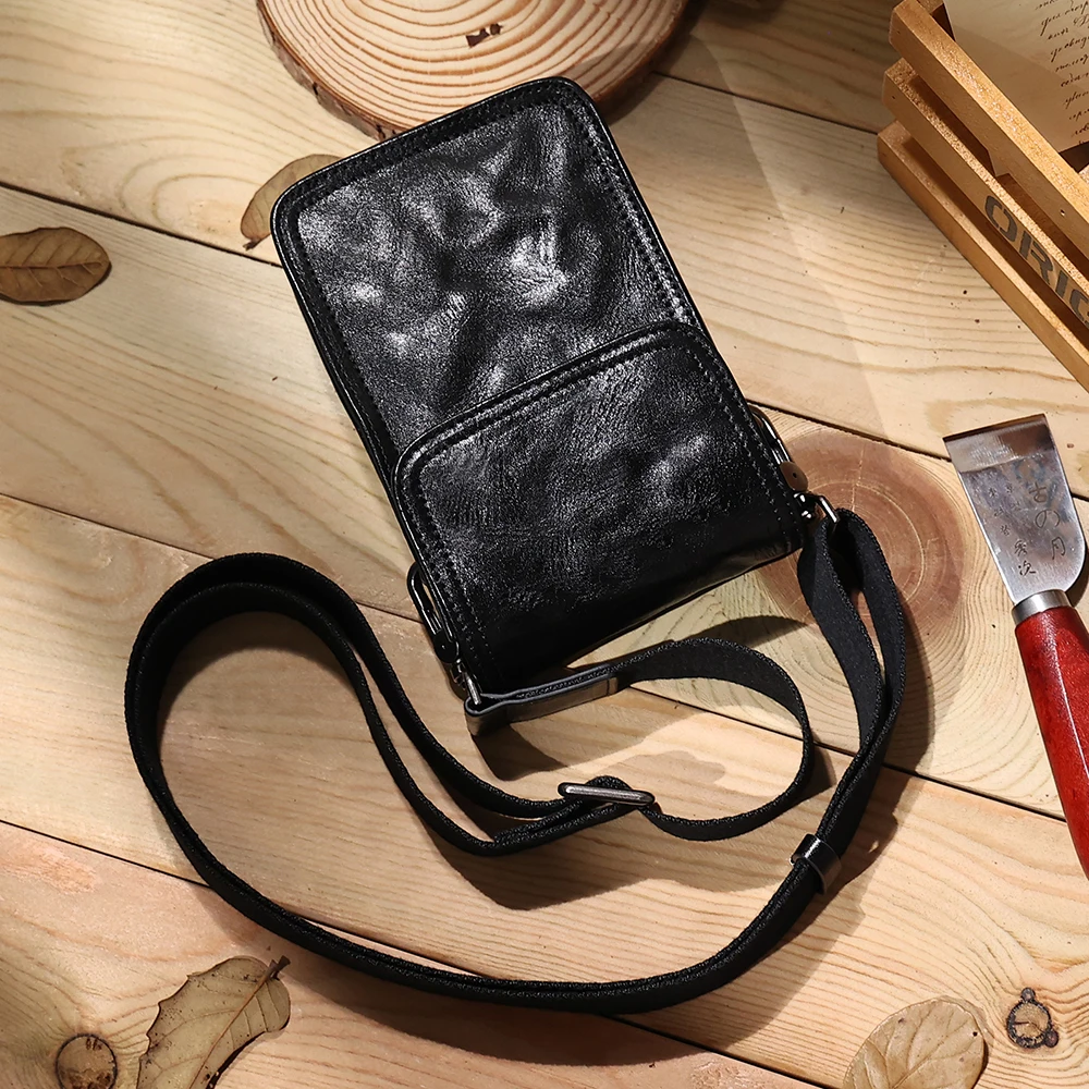 Riñonera de cuero genuino negro, bolso para teléfono móvil para hombre, cinturón para deportes al aire libre, Bolso pequeño de un hombro, bolsos cruzados de moda