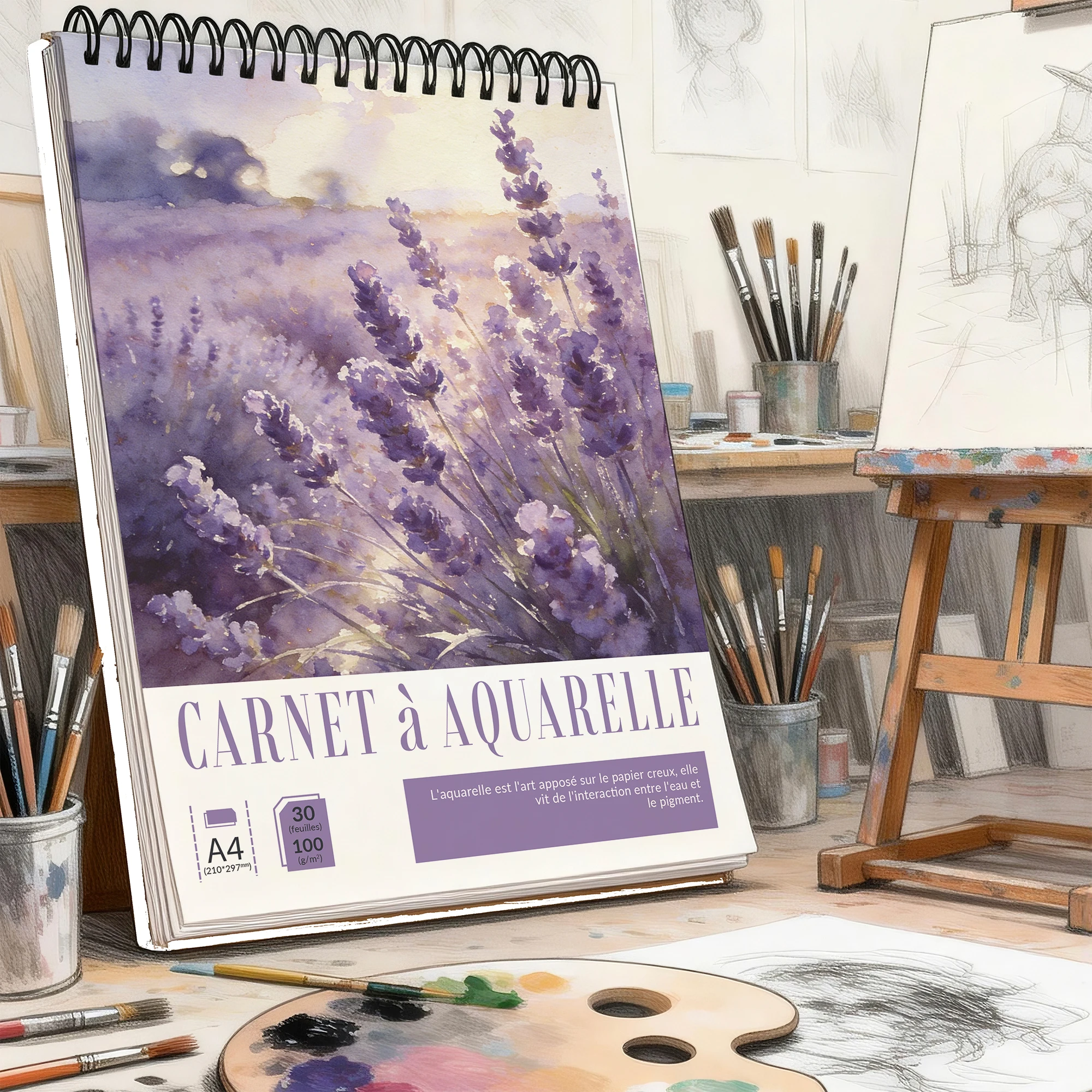 A4 Spiral Watercolor Sketchbook, 100GSM Thick Paper Art Pad, Lavender Field Watercolor Cover, 30 Sheets, Acid-Free Paper for Wat