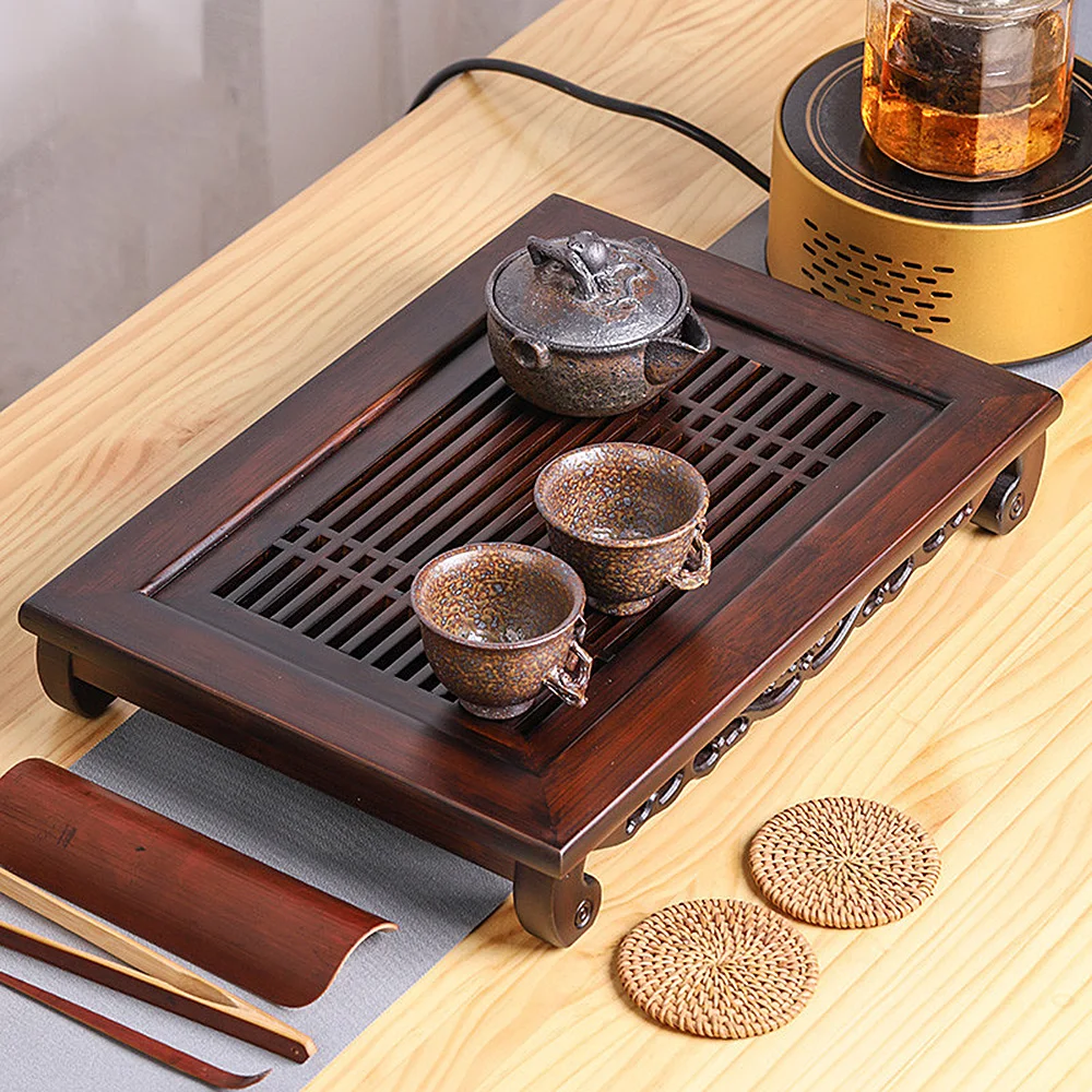 Walnut Drawer Tray, Bamboo Tea Serving Tray W/ Drawer, Tea Table Organizer, Storage Tea Tray for Kitchen,Living Room,Office