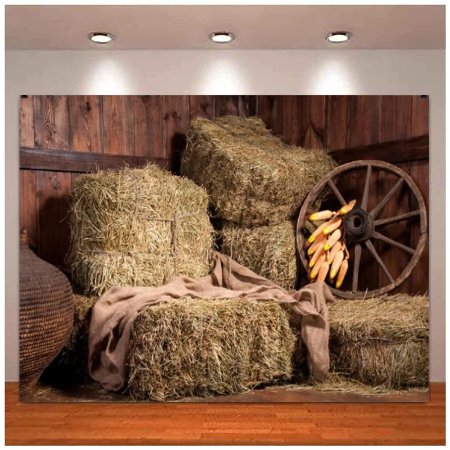 

Rural Barn Haystack Photography Backdrop Farm Harvest Retro Hay Bales Wagon Wheel Background Party Decoration Western Cowboy