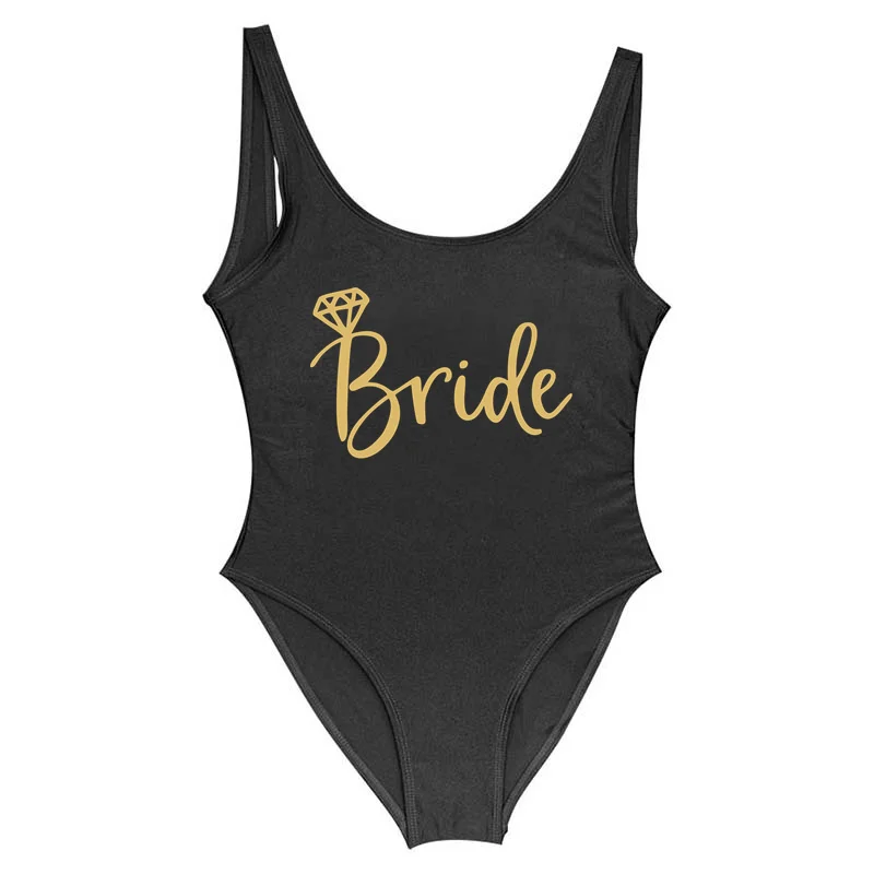 Bride&Bridesmaid Bright Gold Letter Print One Piece Swimsuit Women Swimwear Sexy Wedding Bachelor(Free BrideTattooStickersGifts)