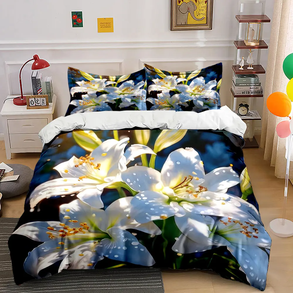 White Lily Water Drop Oil Painting Bedding Set, Fresh Floral Bloom Flower Print Duvet Cover Set For Women Romantic Bedroom