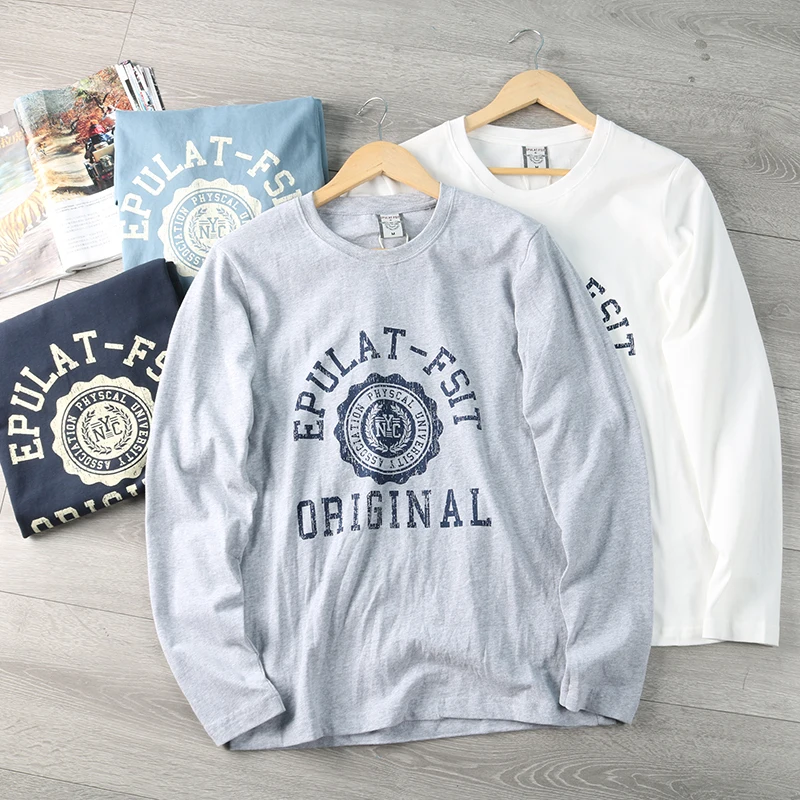 

Autumn New American Retro Long Sleeve O-neck Letter Printed T-shirt Men's Fashion 100% Cotton Washed Old Casual Sport Tops