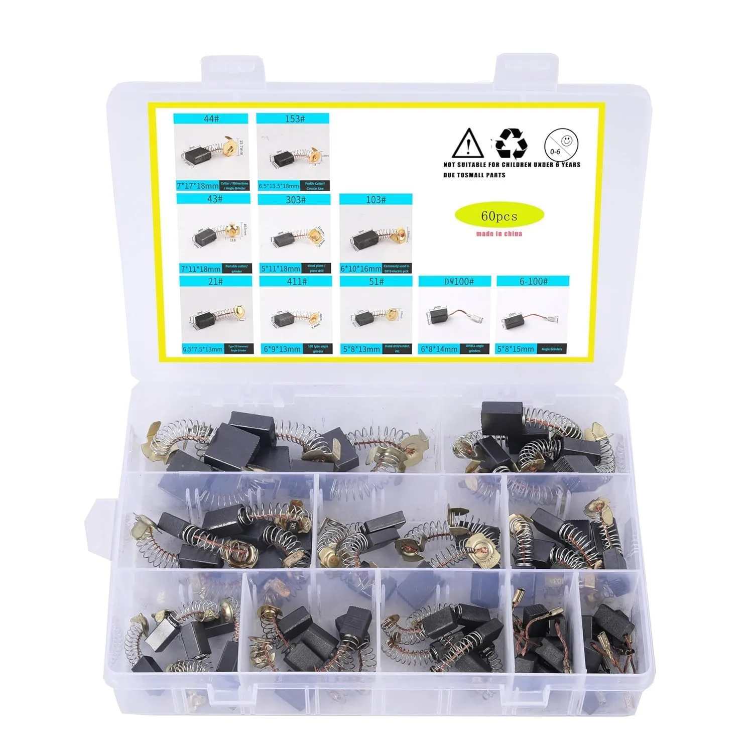 60Pcs Electric Motor Carbon Brushes 10 Different Sizes for Replacement Repair Power Tool Parts