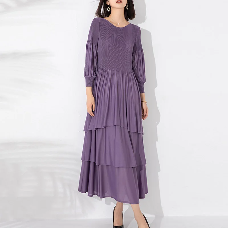 Miyake vestido plissado nova chegada elástico estiramento pulôver estilo lanterna mangas em camadas bolo camada design vestidos de moda feminina