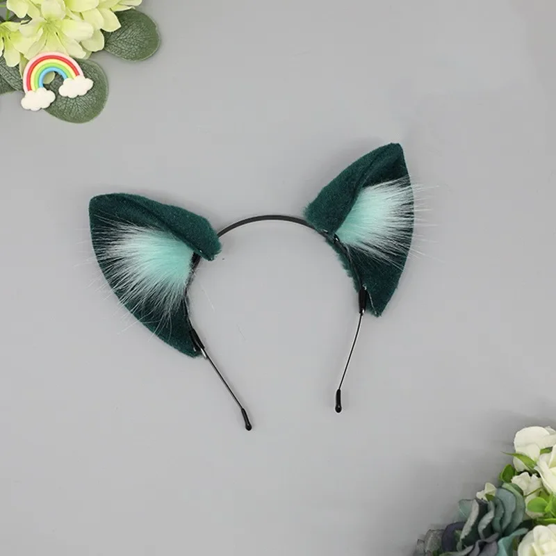 Oreilles de loup et queue de renard vert pour femmes, accessoires d'oreille et de queue d'animaux, coiffure de club de fête, oreille de chat en fourrure, bande de sauna Lolita, accessoires Anime Cosplay