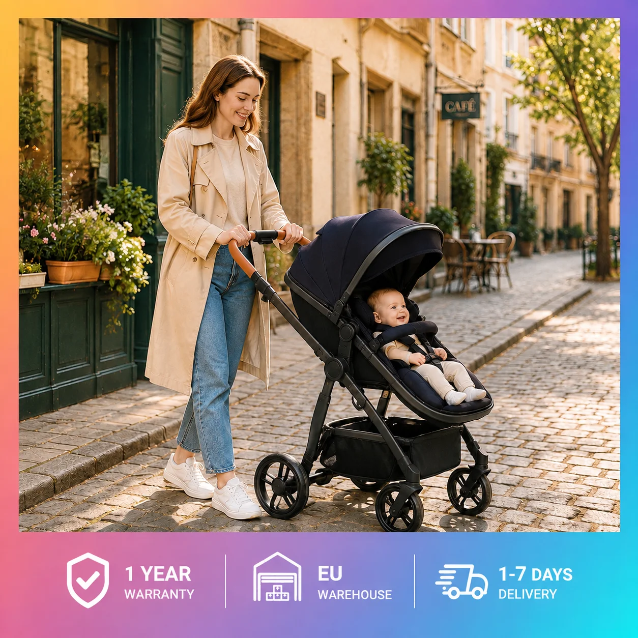 Ensemble De Poussette De Luxe 3-En-1 Avec SièGe Auto, Landau RéVersible Haute Position, SystèMe De Voyage Pliable Et LéGer Pour Nouveau-Né, Poussette En Cuir PU ImperméAble Avec Protection Dorsale En PP Et Nacelle De Couchage-image