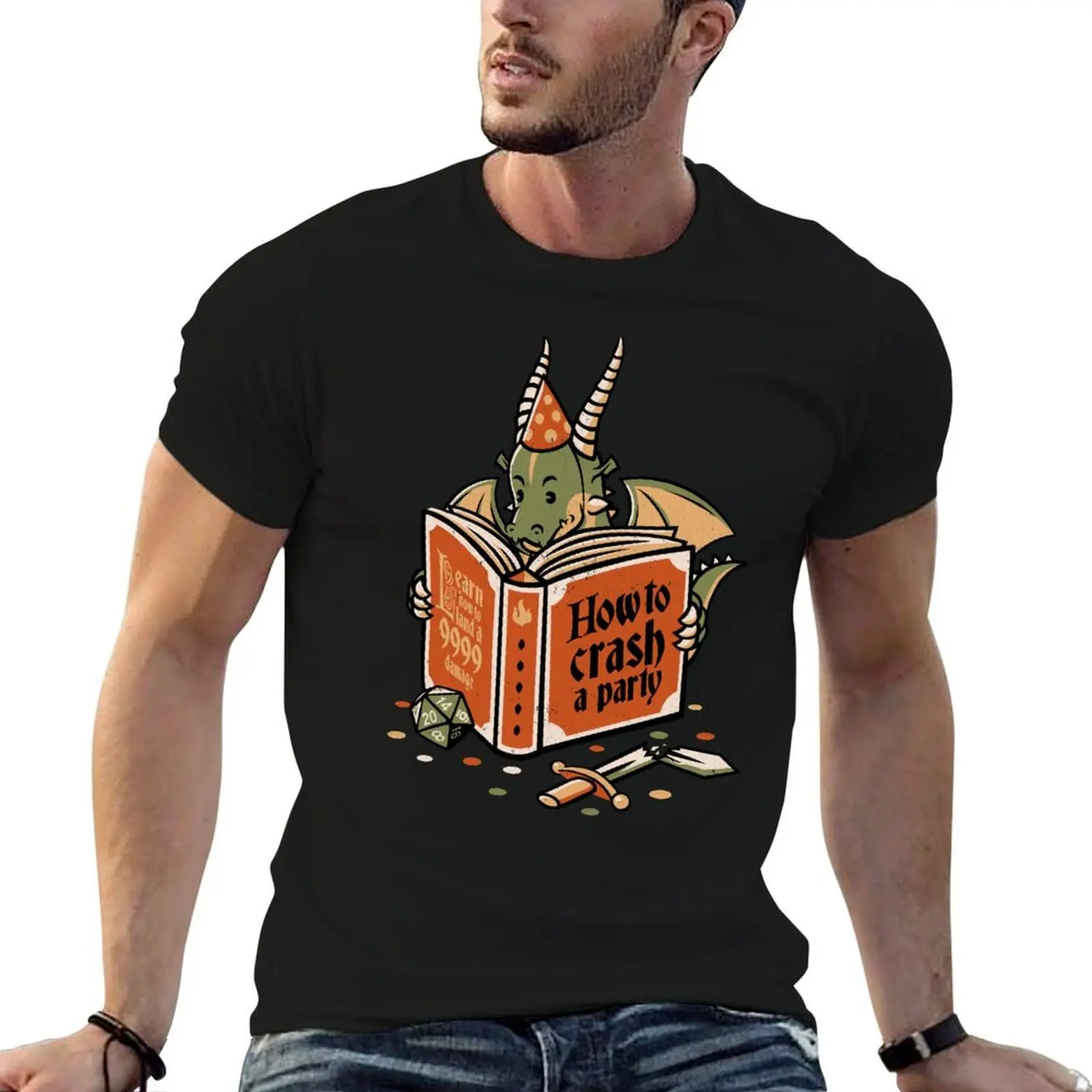 Dragon Reading a Book RPG Party Crashing by Tobe Fonseca T-Shirt shirts graphic tees plus size clothes men clothing