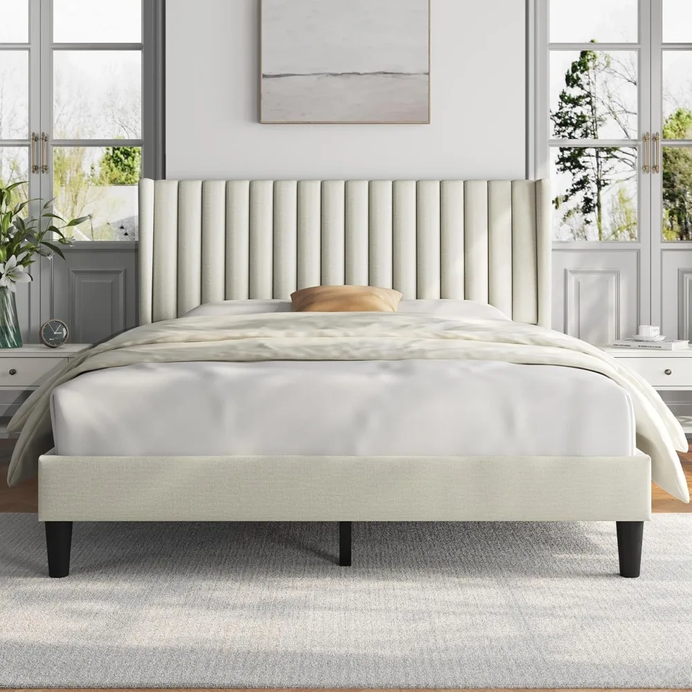 

Queen Bed Frame Upholstered Platform Bed with Fabric Headboard, Wing Edge Design/Non-Slip and Noise-Free/Wooden Slats Support/N