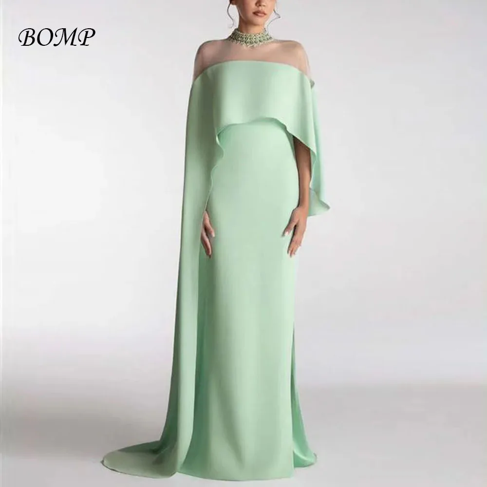 

BOMP Customized Mint Green Evening Dresses with Cape Beaded Neck Satin Formal Gown Wrap Elegant Long Met Gala vestidos de festi