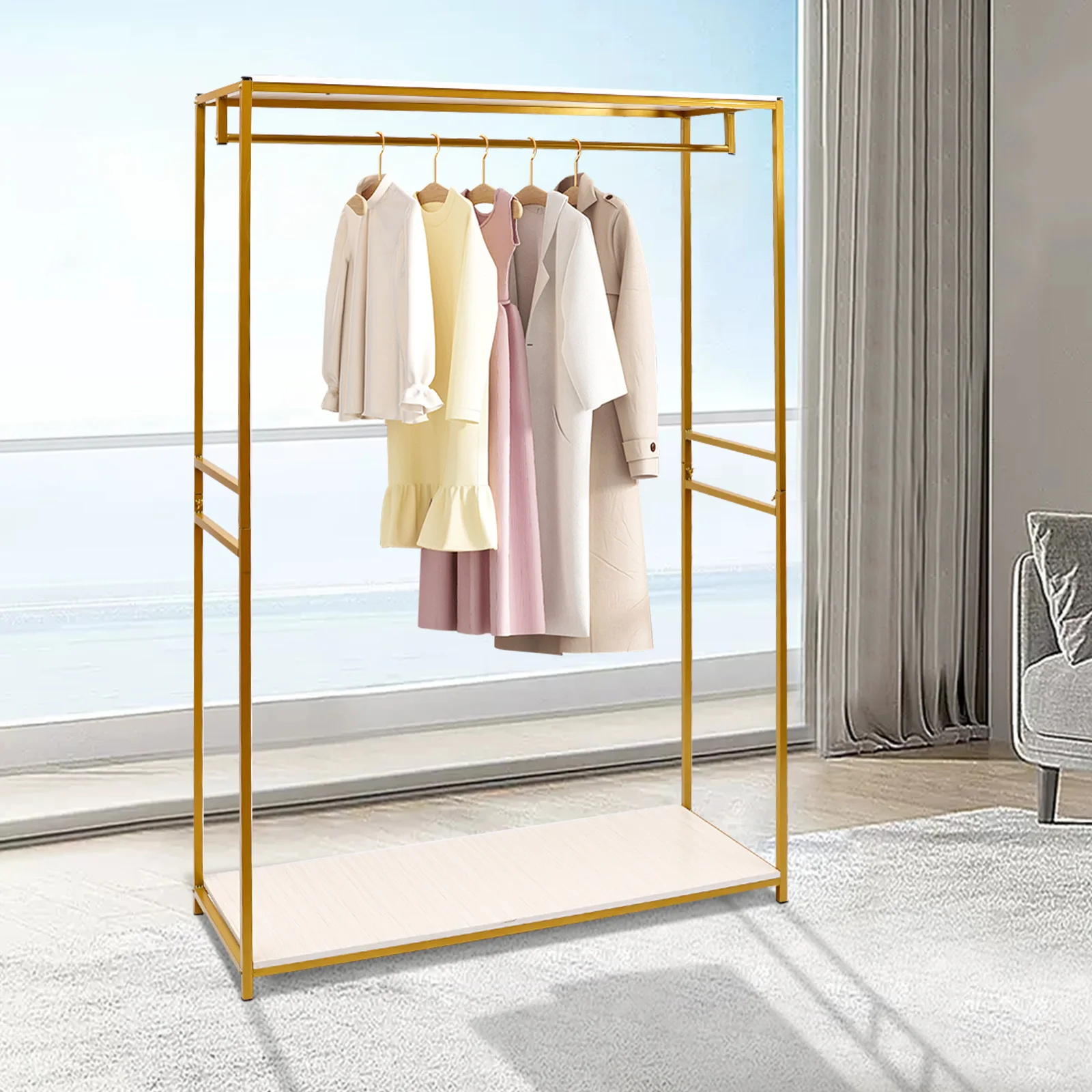 120*45*190cm Gold Clothing Display Rack Free Standing Clothing Rack with Wood Shelf Multifunctional Use
