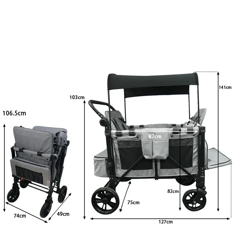 J4 New Luxury 4 Seater Folding Stroller Wagon, Portable Outdoor Travel Kids Wagon with Extra Large Sunshade Canopy