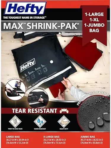 

Hefty MAX Shrink-Pak Vacuum Storage Bags Combo – Tear-Proof, Space-Saving for Clothes & Linens – 3 Sizes