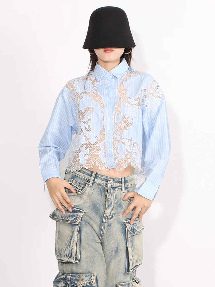 CHICEVER Patchwork Lace Colorblock Shirt For Women Lapel Long Sleeve Single Breasted Elegant Casual Loose Blouse Female 2024 New