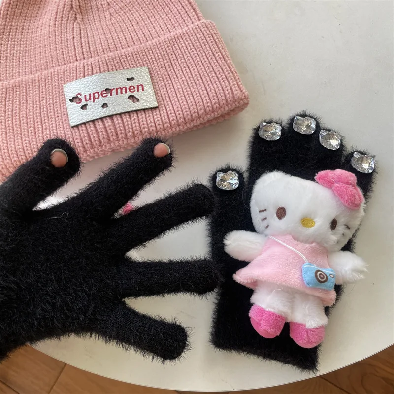 New Hello Kitty Kawaii Diamond Doll Warm Wool Knitted Gloves Girls Y2k Rhinestone Accessories Plush Doll Inside Wistiti Mittens