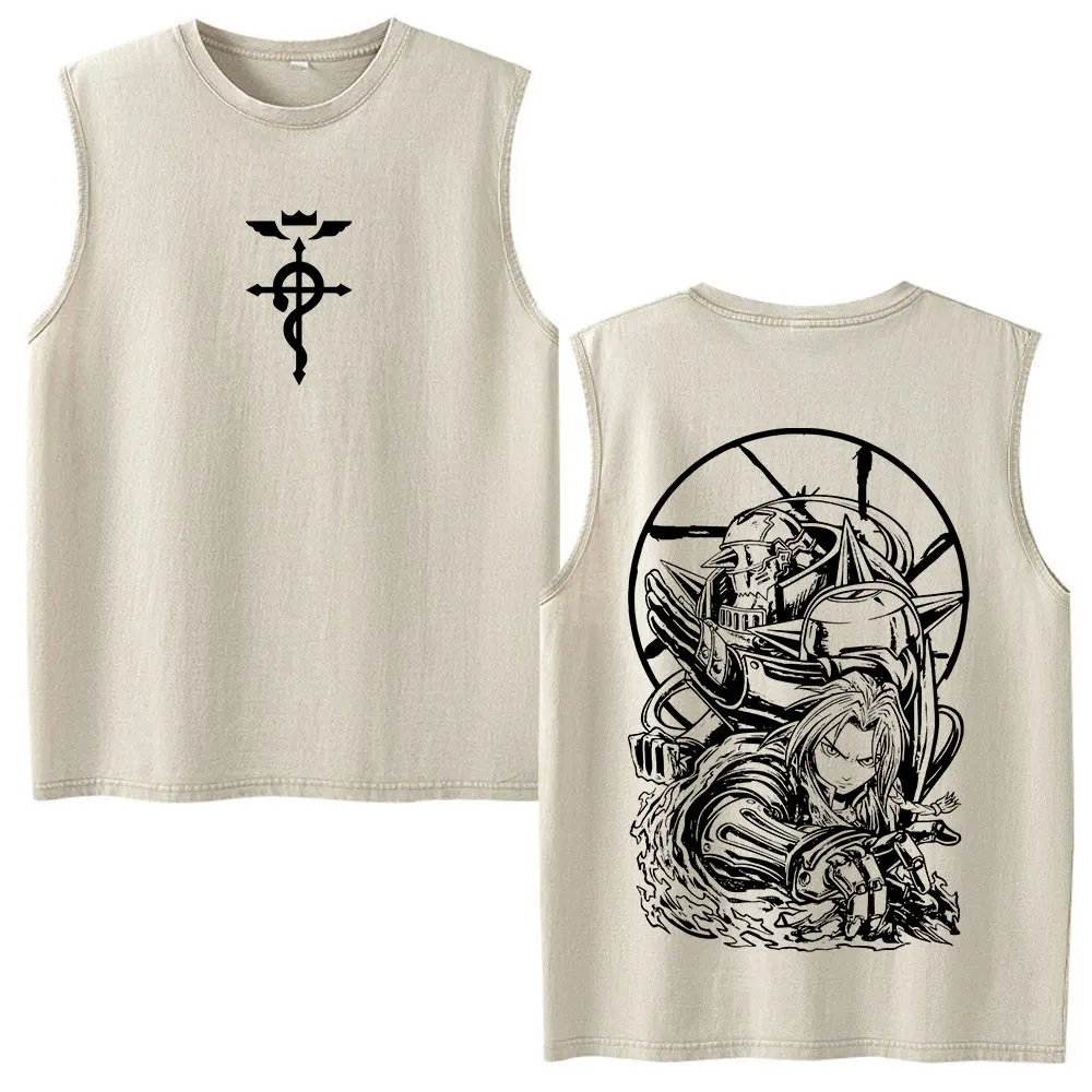 Anime Fullmetal Alchemist Edward Elric Alphonse Elric Vintage Washed Tank Tops Men Women Clothing Fashion Cotton Sleeveless Vest
