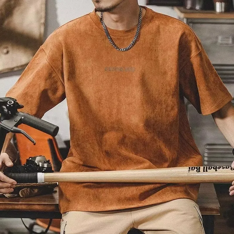 

American Vintage Suede Distressed Short Sleeve T-shirt Men's Summer Plus Size Loose Fashion Brand Drape Half Sleeve T-shirt