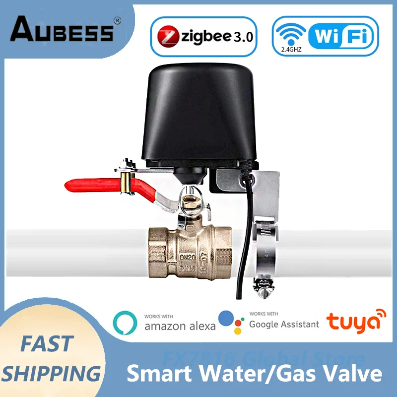 Aubess Tuya Smart Water Gas Leakage Valve Smart Home via Remote Voice Control ON/OFF Works With Alexa Google Home Smart Life