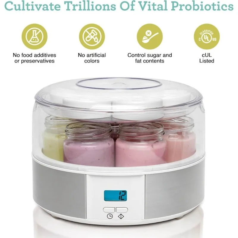 Automatic Digital Yogurt Maker Machine with 7 Glass Jars 6oz Timer Control Lids
