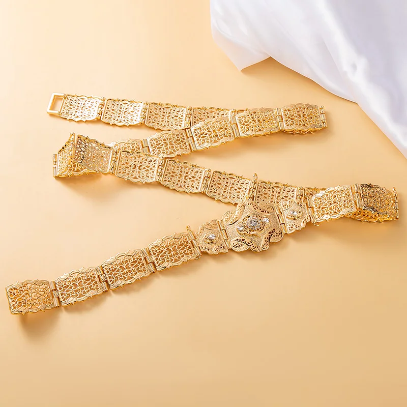 Luxury Morocco Bridal Body Jewelry Wedding Engagement Dress Gold Color Belt Gold Plating Crystal Waist Chain Bijou Gift