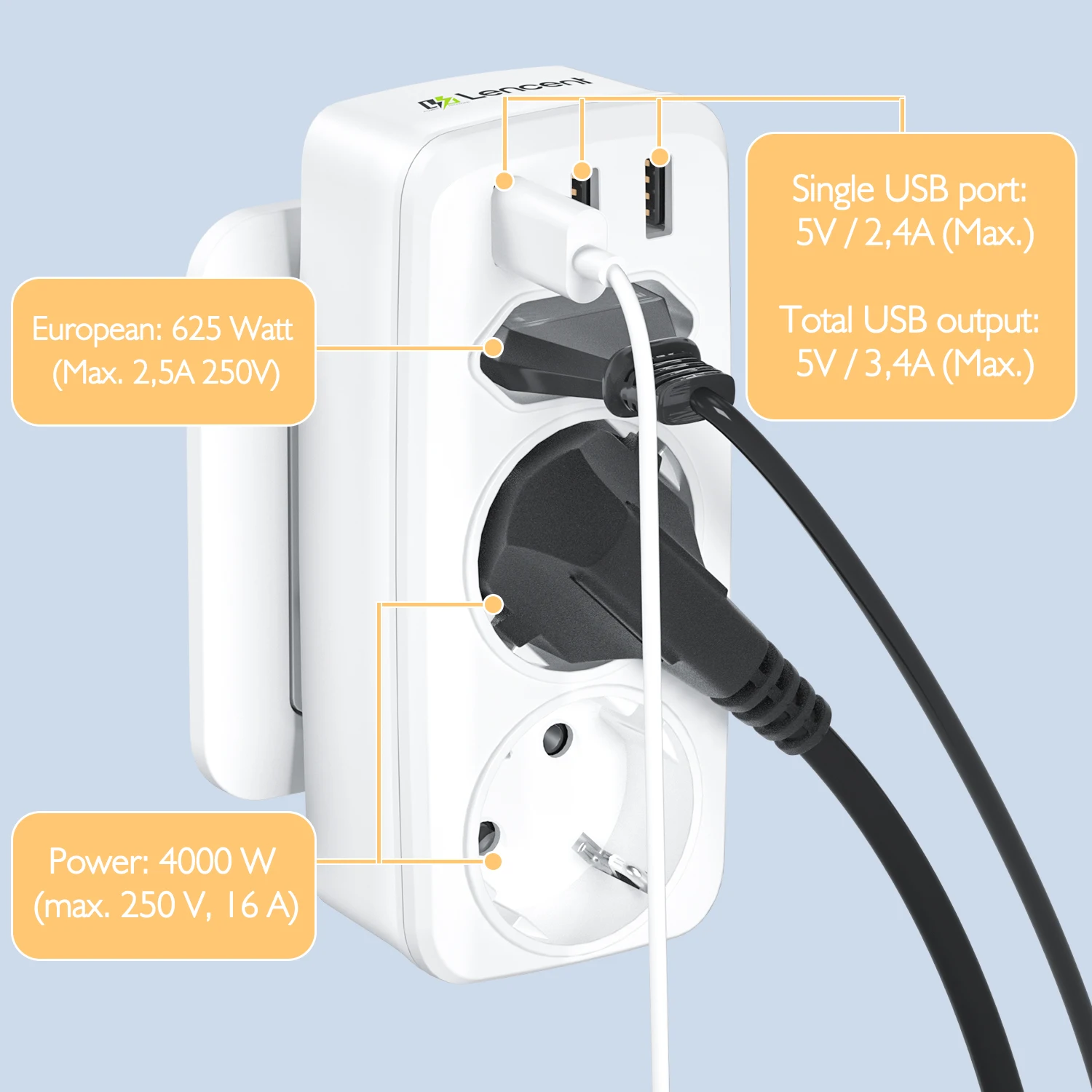 LENCENT EU Plug Power Strip with 3 AC Outlets 3 USB Ports 5V 2.4A  Charging  6 in 1 Adapter Overload Protection for Home/Office