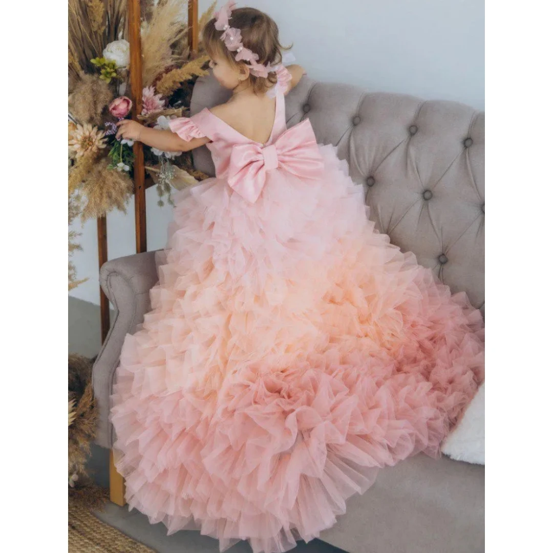 Customized Flower Girl Dress Pink Tulle Tiered With Bow And Trailing For Wedding Birthday Party Prom Ball Evening Banquet Gown