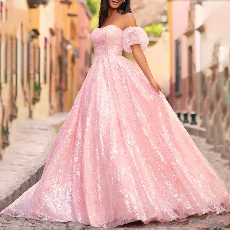 

Pink Flower Shiny Formal Evening Dresses вечернее платье Tulle Removable Sleeve A-Line Delicate Zipper Prom Dresses