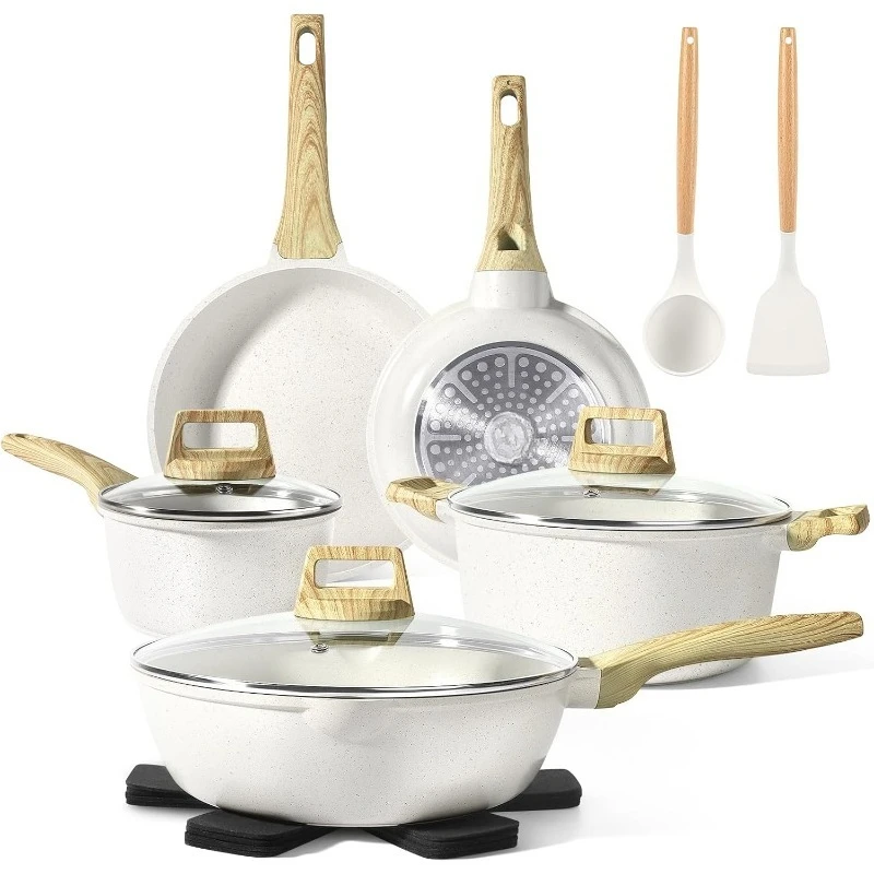

Pots and Pans Set Non Stick - 14 Pcs White Granite Kitchen Cookware Sets Nonstick Induction Cookware Cooking Pan Set with