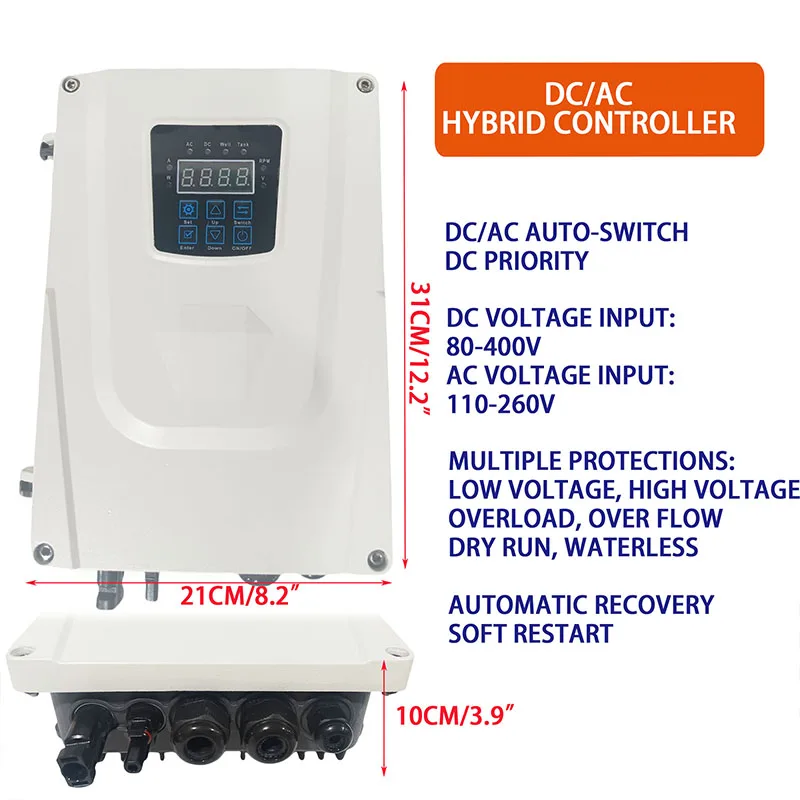 

Солнечный самовсасывающий водяной насос 3HP с контроллером MPPT, автоматическим переключением AC/DC, высокой производительностью и рабочим колесом из нержавеющей стали SS304 для сельскохозяйственного орошения