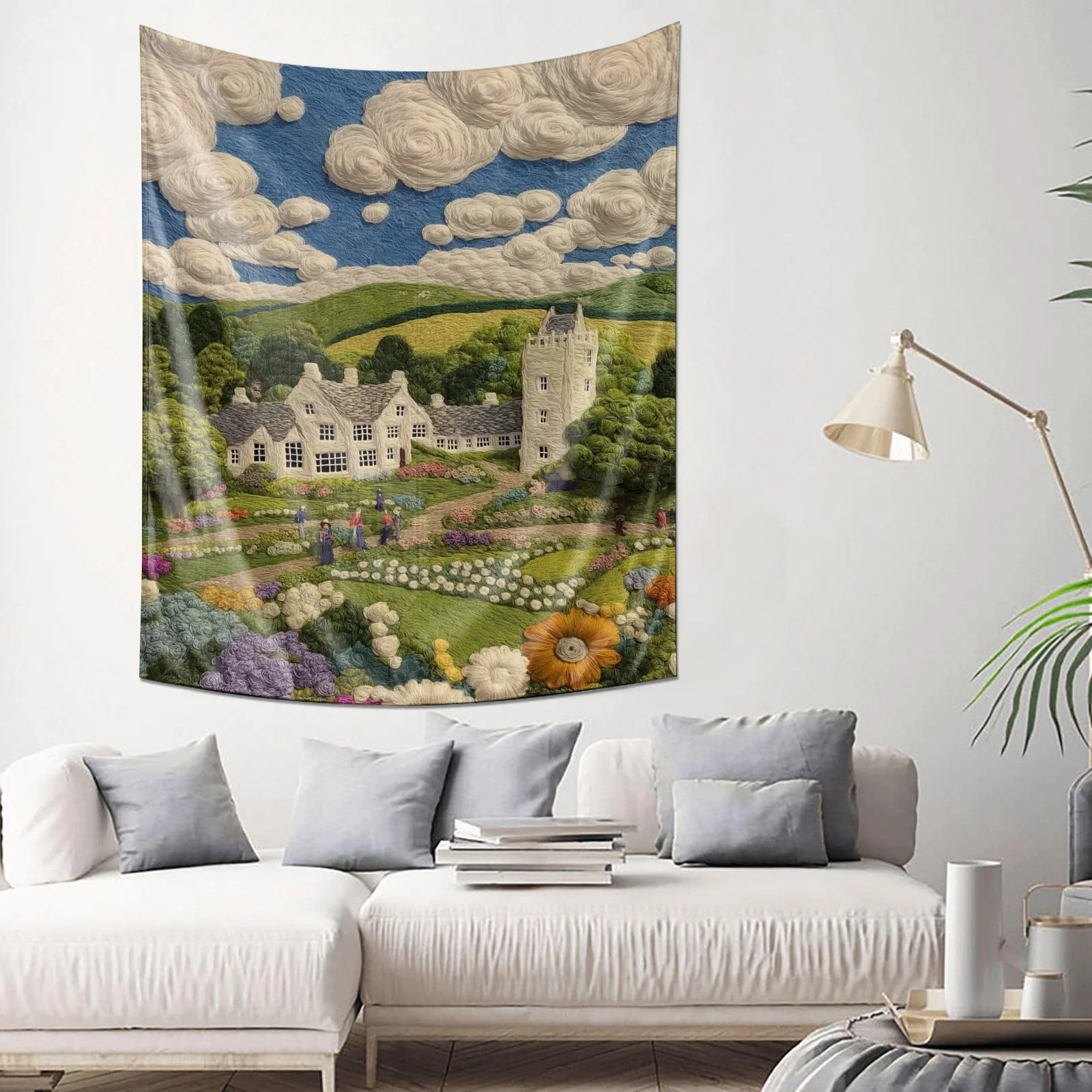 "Pastoral Landscape Embroidery Tapestry - Idyllic Countryside Scene Wall Decoration Hanging Fabric"