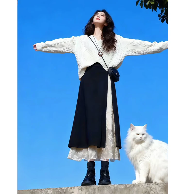 

Soft Cozy Large Size Knitted Sweater Set Women's Autumn Winter Anti-Aging Hole Punch f Skirt Two-Piece Set Faionable Com...