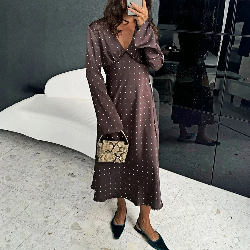 Absobe Women's Clothing Polka Dot Long Sleeve Maxi Dress Sexy V-Neck Hot Girl Loose Casual A-Line Long Dress Elegant Partywear