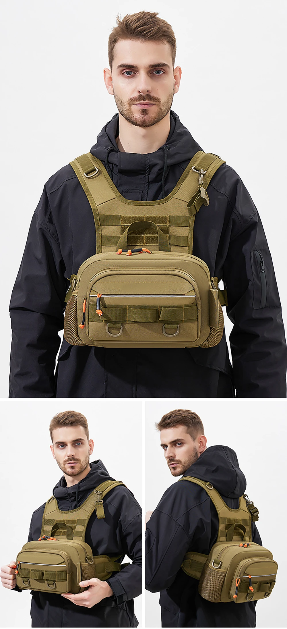 Multifunktionale Angeltasche für den Außenbereich, taktische Brusttasche mit Rutenhalter, große Kapazität, Angelzubehör-Aufbewahrungsrucksack – Detail 6