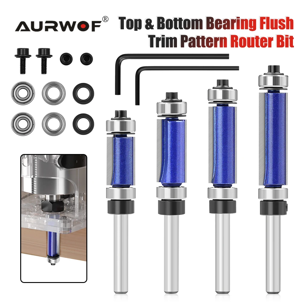 AURWOF  1/4' Shank Professional Quality Top & Bottom Bearing Flush Trim Pattern Router Bit Woodworking H07016A1319BL