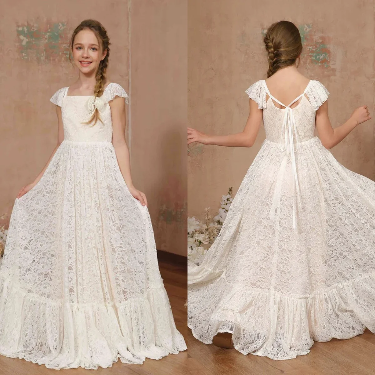 

Boho Full Lace Flower Girl Dresses Customized Vintage Little Princess Kids Birthday Party Dresses Holy First Communion Dress