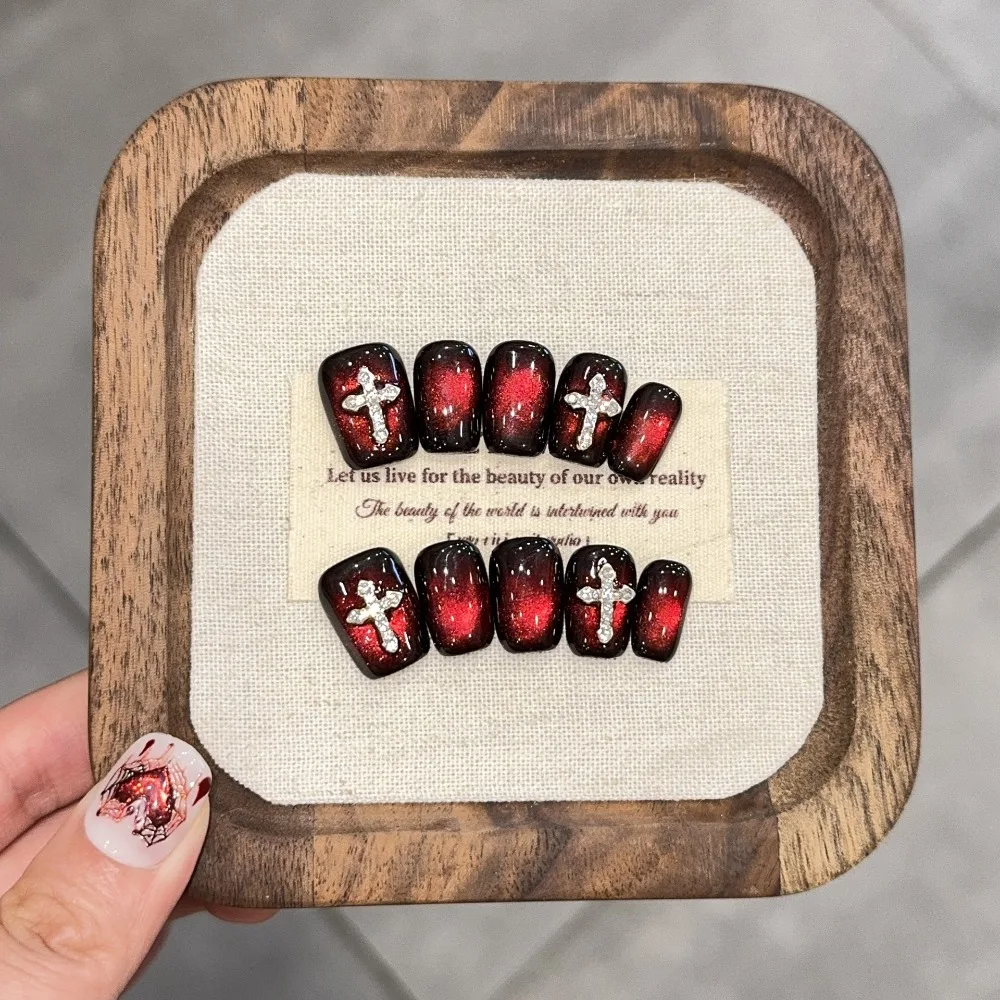 

10 Pieces Simple Dark Red Cat Eye Handmade Press On Nails Sparkling Rhinestone Studded Cross Art Fake Nails Removable Reusable