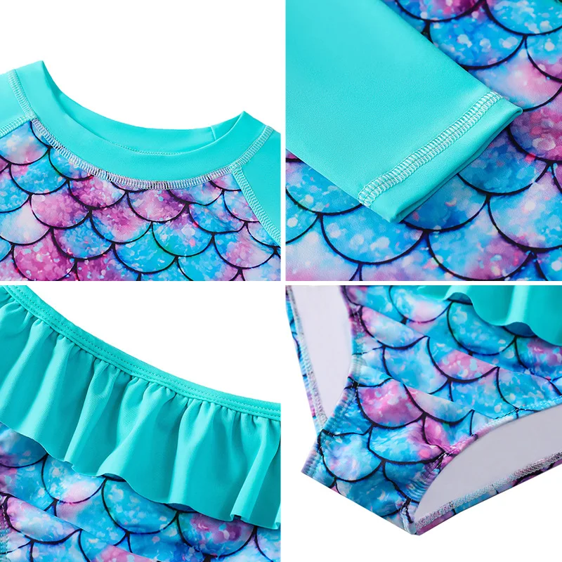 Kids Girls Swimwear Beachwear Long Sleeves Two-piece Mermaid Fish Scale Printed Leotard Swimsuit Children Swimming Bathing Suit