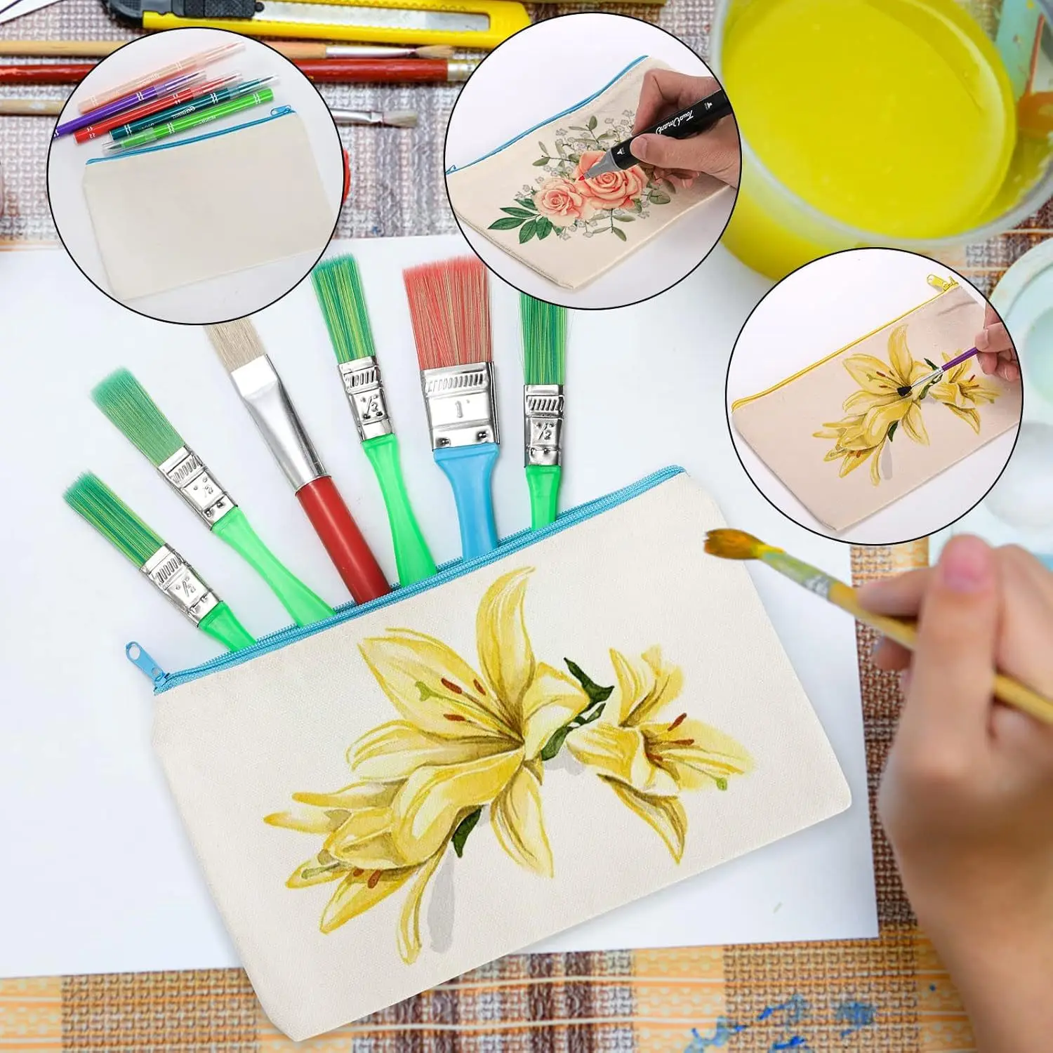 ブランクキャンバスジッパーポーチバッグ - 耐久性のある生地のマルチカラージッパー付きペンケース、学校、オフィス、旅行、クラフト用品用