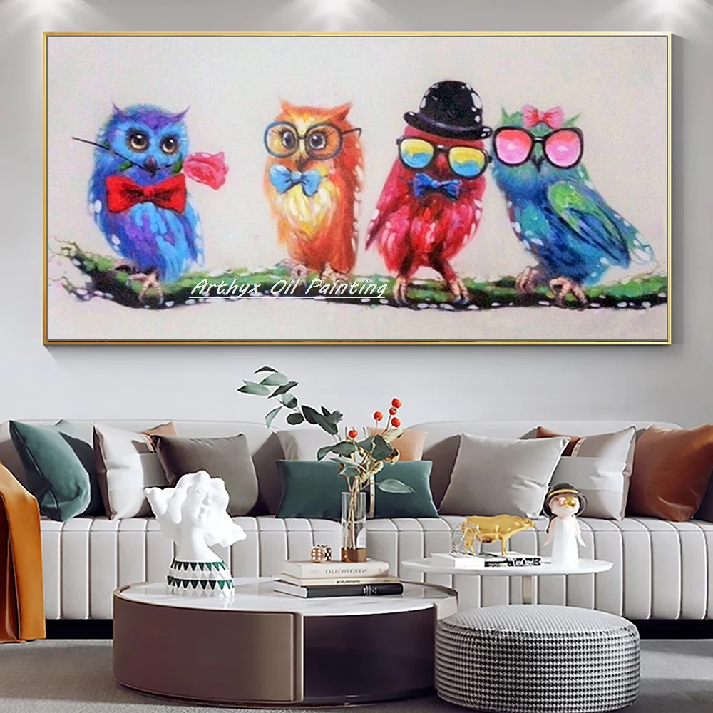 Arthyx Large Handpainted Dr. Birds Animals Oil Paintings On Canvas Modern Abstract Pop Art Wall Picture For Kisd Room Home Decor