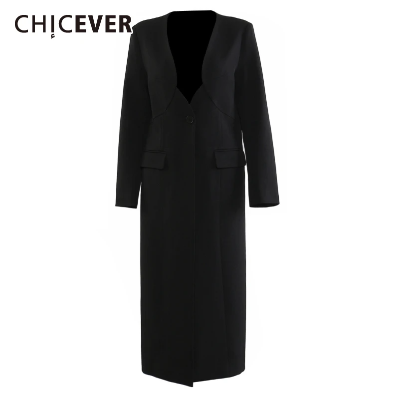 

CHICEVER Французский минималистичный черный цветной блейзер для женщин с v-образным вырезом и длинными рукавами, шикарное среднее пальто на одной пуговице, женское весеннее новое пальто