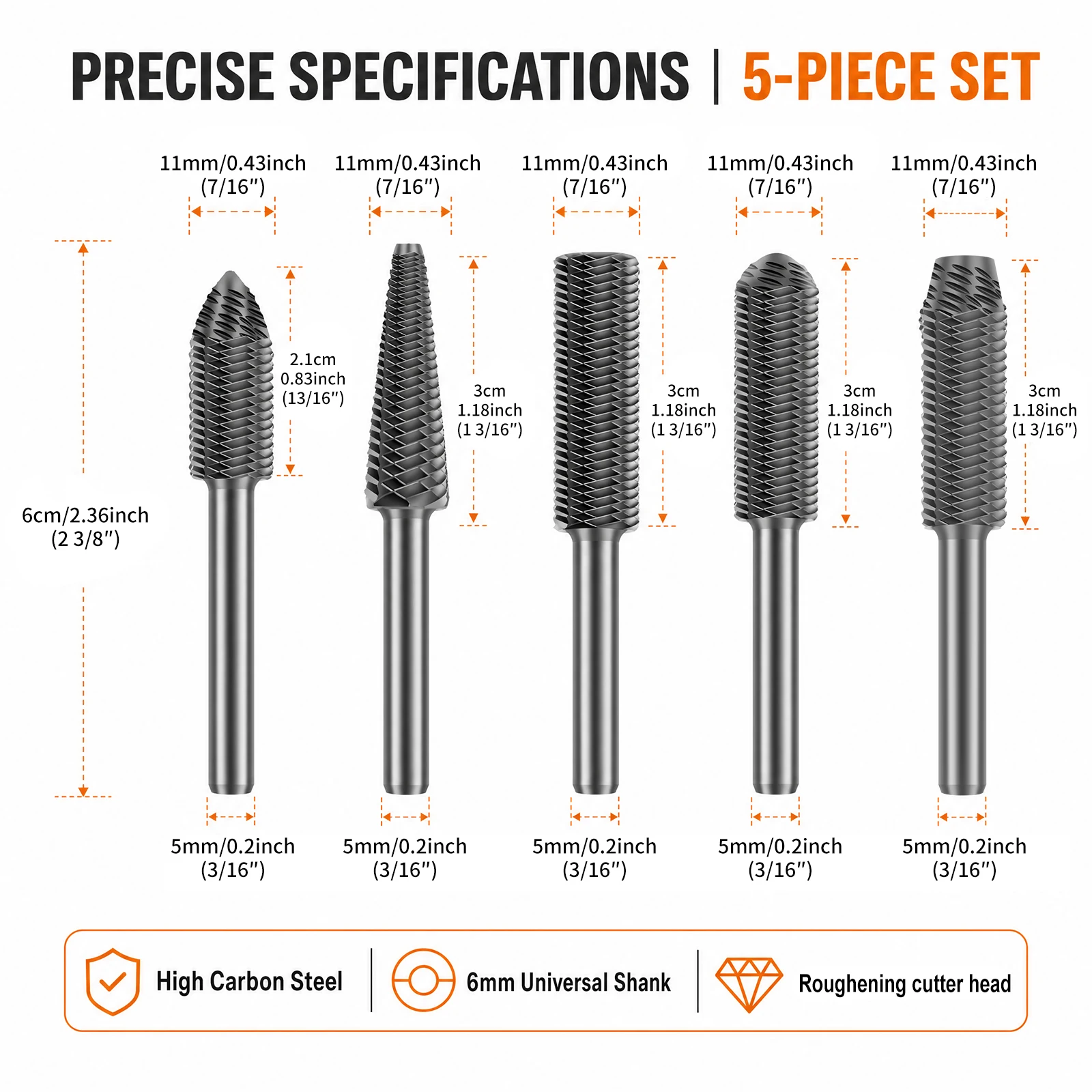 5Pcs Rotary Burr Set Die Grinder Electric Steel File Bits Rotary Rasp File Set High Carbon Steel Grinding Head Kit for Deburring