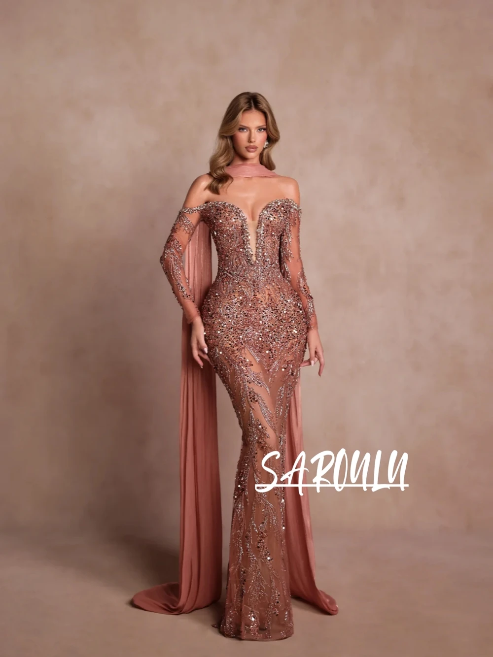 

Newest Charming Sexy Evening Dress With Scarf Customized Sparkling Beaded Sequined Off Shoulder Prom Party Gown For Women