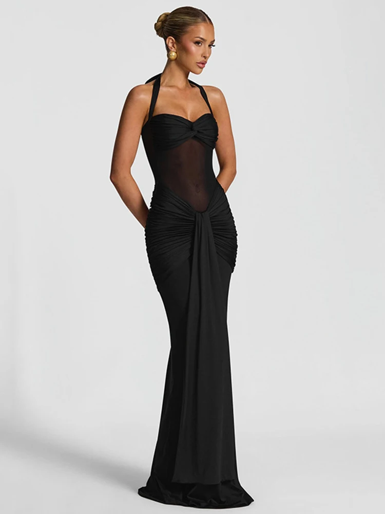 kliou Patchwork Elegante Donna Maxi Abito Classico Sexy Nastri trasparenti Halter Backless Aderente Tendenza femminile Festival Abiti da sera